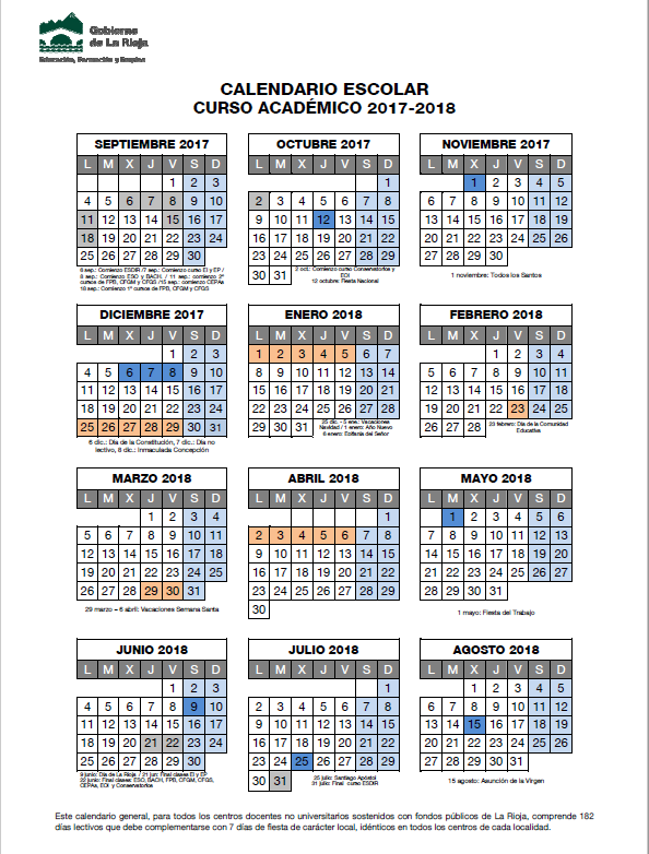 Resultado de imagen de calendario educarioja 2017-18